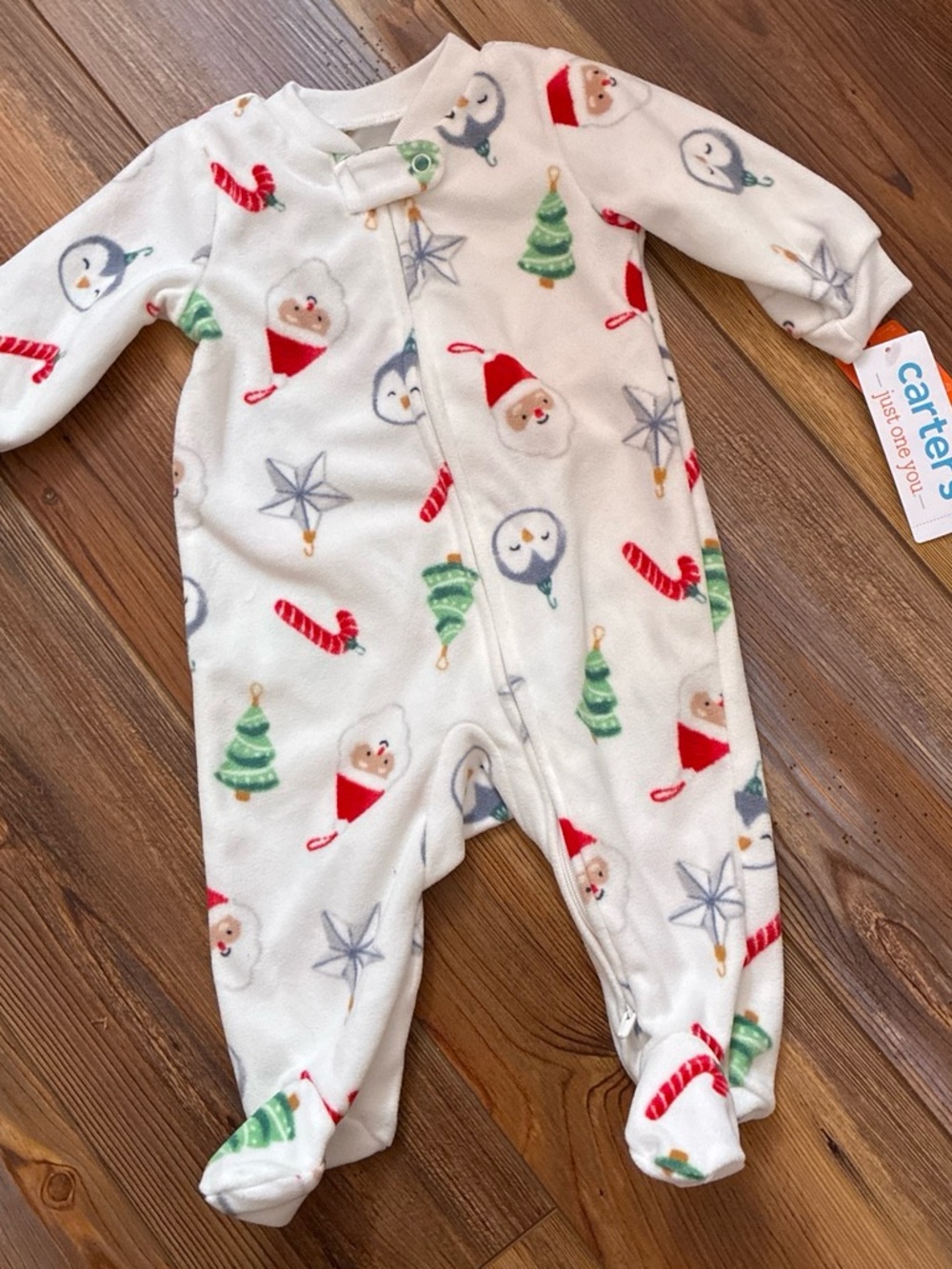 Carter's White Holiday Fleece Footed Pajamas with Santa, Trees & Penguins